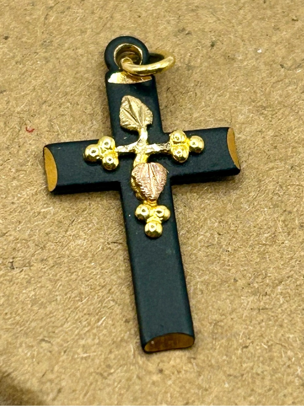 10k Gold Accent Black Powder Cross Pendant w/ Grapevine Detail